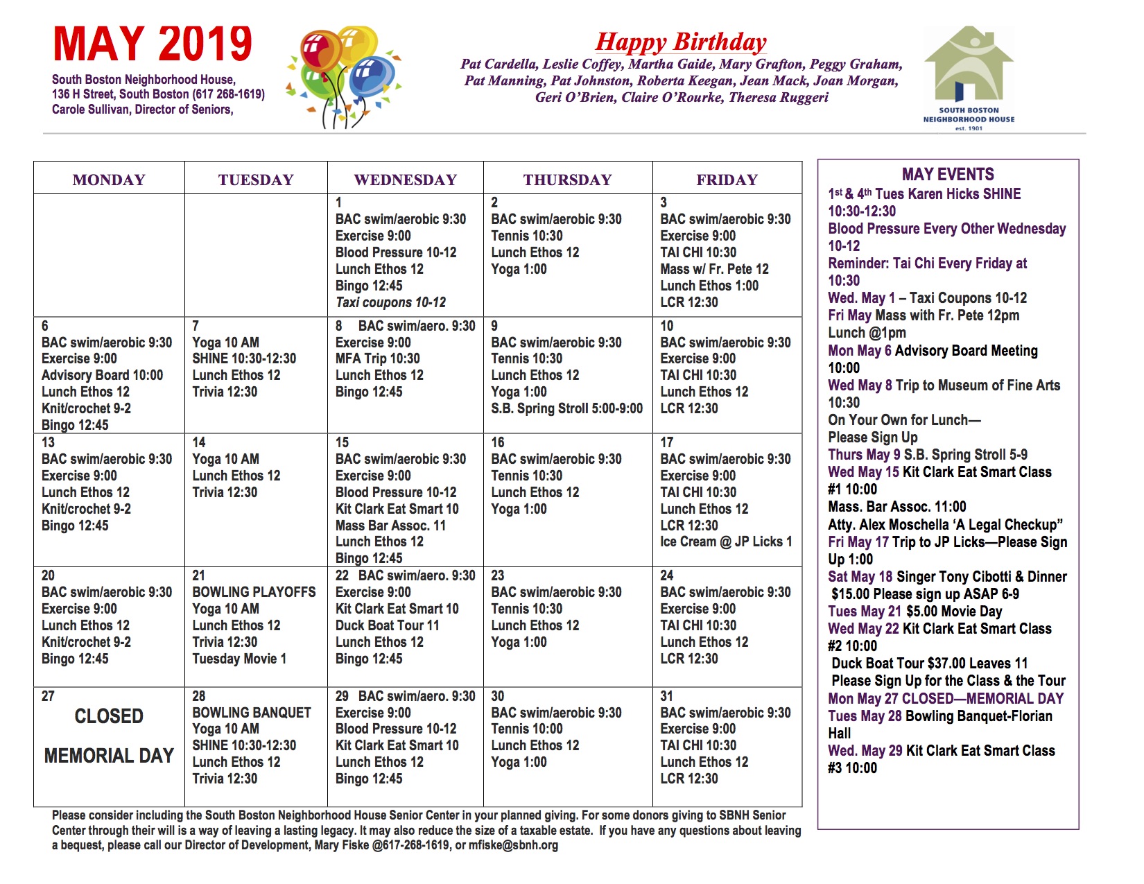 senior calendar may 2019
